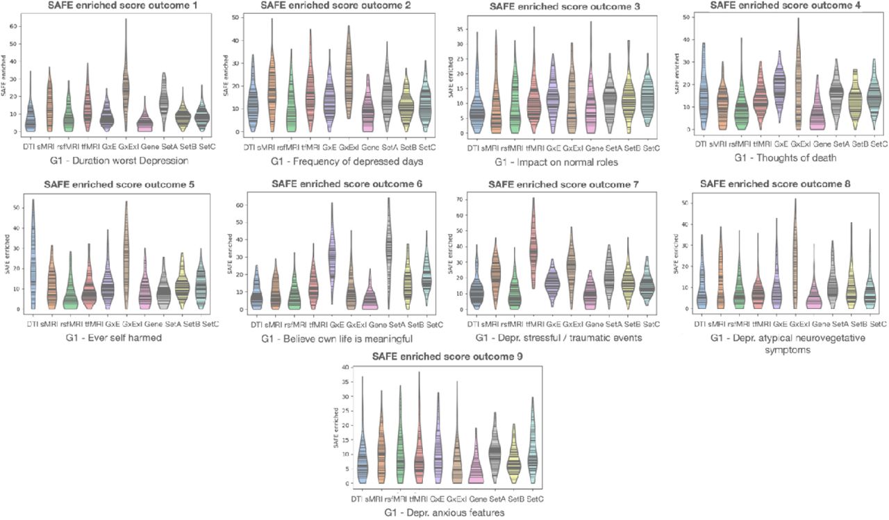Violin plots of SAFE score distributions of all feature sets for G1 outcomes.