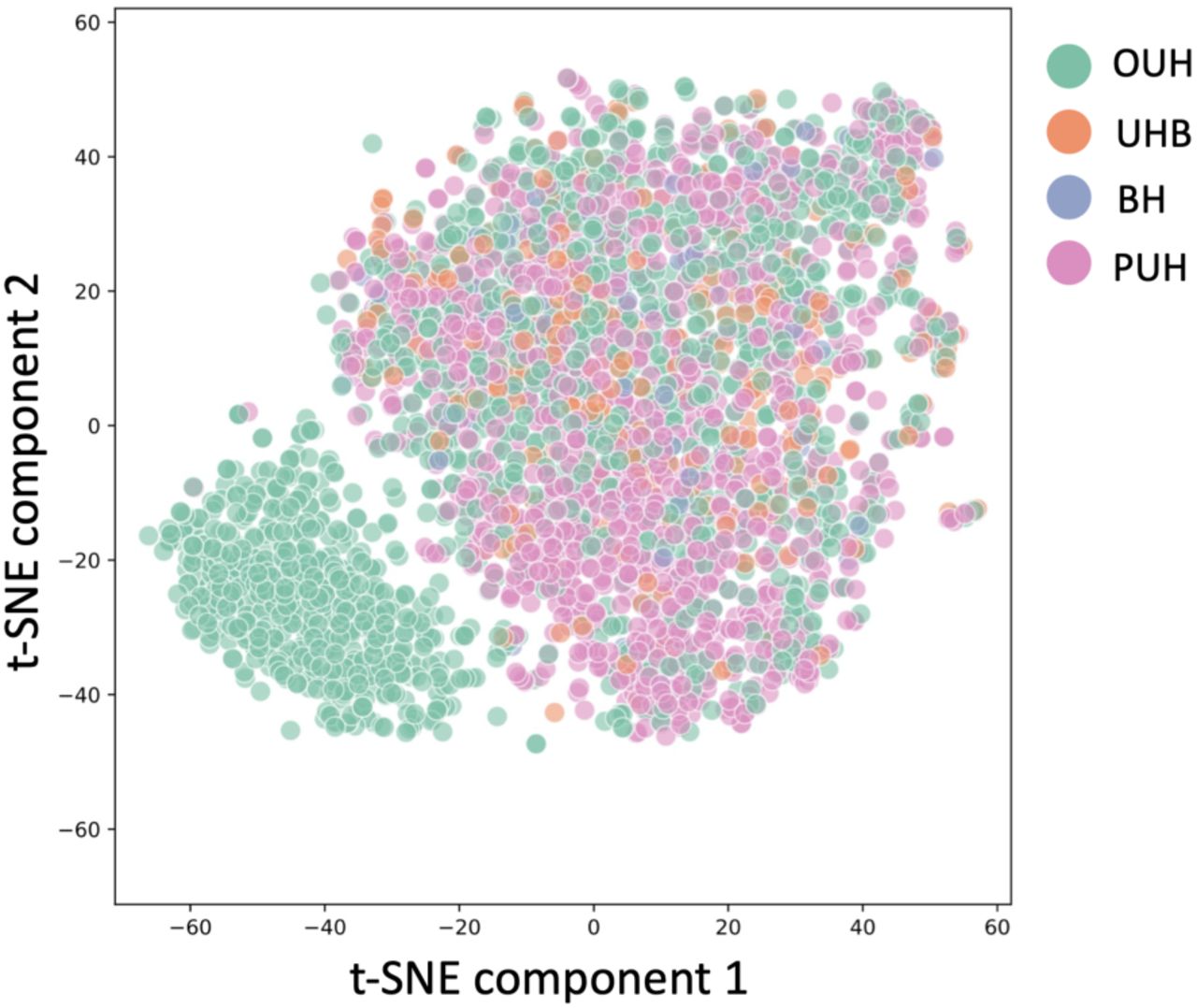 Visualization via t-SNE representation of datasets used in the study, including all positive COVID-19 cases across four NHS trusts (OUH, PUH, UHB, BH).