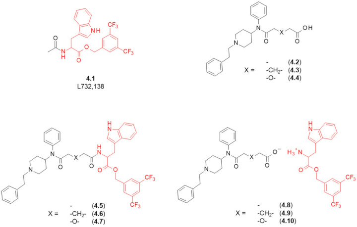 Structures of NK1R antagonist L732,138, carboxylate derivatives of fentanyl and of the designed fentanyl-based MOR/NK1R ligands. In red marked are fragments responsible for NK1R binding.