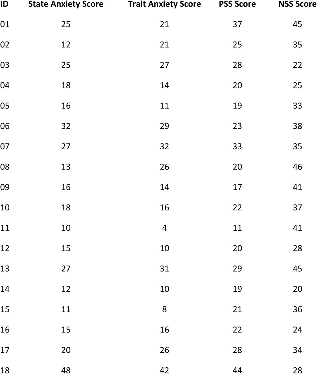 Summary of Psychometric Scale Results.Psychometric scales and their respective score ranges: STAI – State (range 20-80), STAI – Trait (range 20-80), PSS (range 0-40), and NSS (higher scores indicate greater levels of job-related stress)
