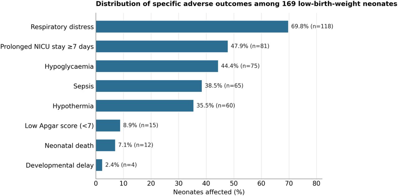 Distribution of specific adverse outcomes among 169 low-birth-weight neonates. Bars show the percentage (and number) of neonates affected by each complication; neonates could experience more than one outcome.