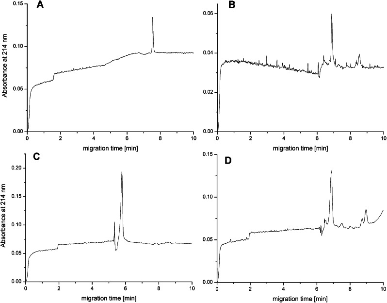 The CE electropherograms of CBD_AGF_30_His and CBD_RGD_20_His stability in PBS and serum. Panel (A) Representative CE electropherograms of CBD_AGF_30_His proteins stability in 0.1 × PBS pH 7.2. Panel (B) Representative CE electropherograms of CBD_AGF_30_His proteins stability in serum. Panel (C) Representative CE electropherograms of CBD_RGD_20_His proteins stability in 0.1 × PBS pH 7.2. Panel (D) Representative CE electropherograms of CBD_RGD_20_His proteins stability in serum
