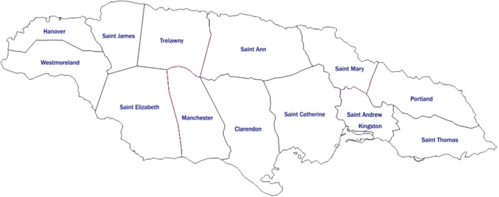 Map of Jamaica and parishes.