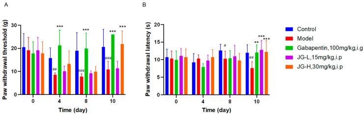 Hemp extract (JG) treatment reversed the reduced mechanical and thermal allodynia in the PTX-induced neuropathic rats. (A) Paw withdrawal threshold for mechanical allodynia evaluated by the Von Frey test in rats (n = 8; mean ± SD); (B) paw withdrawal latency evaluated by thermal stimulation in rats (n = 8; mean ± SD); (Control—blank control; Model—rats treated with paclitaxel 2 mg/kg daily on days 1, 3, 5, and 7 i.p. to build neuropathic model, Gabapentin-positive drug. JG—hemp extract, PTX—paclitaxel. Data were analyzed by one-way ANOVA. # p < 0.05, ## p < 0.01, ### p < 0.001 vs. Control group; ** p < 0.01, ***p < 0.001 vs. Model group).