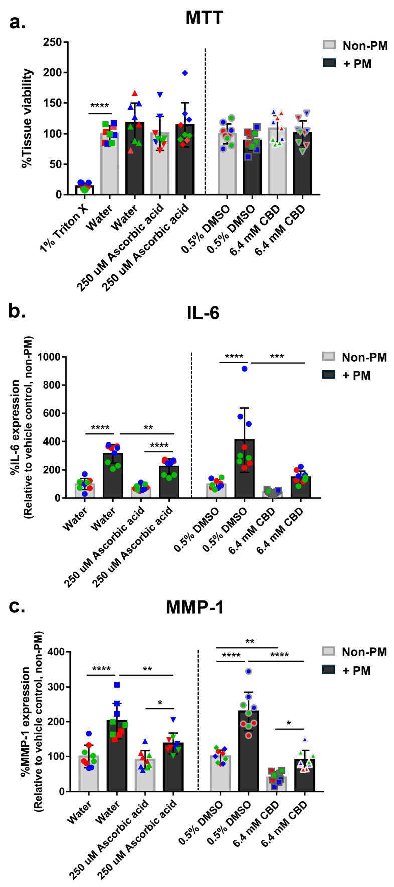 CBD attenuates PM-induced inflammation and matrix degradation in human ex vivo skin explants without compromising tissue viability. Full-thickness human skin explants from three donors (ages 36–63 years; n = 9 tissues per group; 3 tissues per donor) were treated for 48 h with 6.4 mM CBD, 250 µM ascorbic acid, water, or 0.5% DMSO, with or without topical PM exposure (0.54 mg/cm2). A 1% Triton X-100 control was included for MTT assay validation. (a) Tissue viability; (b) IL-6 expression; (c) MMP-1 expression, shown as % relative to the non-PM vehicle control. Each dot represents an individual explant; dot colors indicate donor origin (Red = donor 1 [59 years], Blue = donor 2 [63 years], Green = donor 3 [36 years]). Gray bars represent non-PM groups; black bars indicate PM-exposed groups. Data are shown as mean ± SD. Asterisks indicate significance: * p < 0.05, ** p < 0.01, *** p < 0.001, **** p < 0.0001 (one-way ANOVA with Bonferroni’s post hoc test).