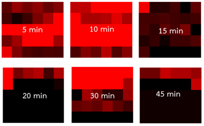 Probability mapping of primary peak appearance in detection area of 10−4 M PQ mixed with TSNP colloids for six different mixing durations.
