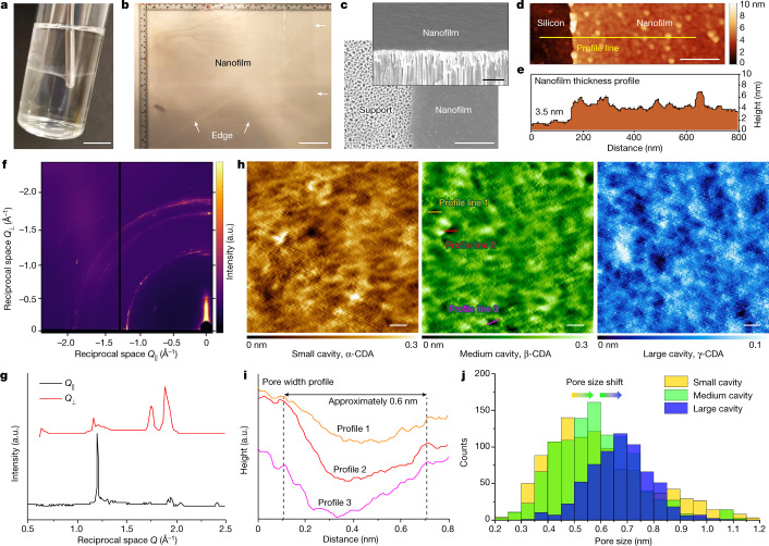 Characterization of ultrathin polyamide nanofilms incorporating aligned macrocycle pores.a, Photograph of a nanofilm formed at a free interface, under deformation by a pinning rod. Scale bar, 1 cm. b, Photograph of an A4 sheet of free-standing nanofilm after being transferred onto a water–air surface, where the arrows show the edge of the nanofilm. Scale bar, 5 cm. c, SEM surface and cross-sectional (inset) images of the nanofilm made from 0.1 wt% amino-functionalized β-cyclodextrin (β-CDA) and 0.1 wt% TPC reacted for 1 min (β-CDA-TPC-0.1) at the free interface and then transferred onto an alumina support. Scale bars, 1 μm (inset) and 500 nm (main). d, AFM height image of the nanofilm (β-CDA-TPC-0.01) on a silicon wafer. Scale bar, 200 nm. e, Height profile of the line scanned in d. f,g, GI-WAXS two-dimensional (f) and one-dimensional (g) images of the nanofilm (β-CDA-TPC-0.01), where Q|| denotes the reciprocal space parallel (||) to the nanofilm surface and Q⊥ denotes the reciprocal space perpendicular (⊥) to the nanofilm surface. a.u., arbitrary units. h, UHV AFM height images of the nanofilms incorporating small cavity (α-CDA-TPC-0.01), medium cavity (β-CDA-TPC-0.01) and large cavity (γ-CDA-TPC-0.01). Scale bars, 1 nm. i, Height profile of the lines scanned in h, where the lateral distances travelled between peaks show the pore widths. j, Pore size distributions for the nanofilm surfaces extracted from multiple UHV AFM samples of each macrocycle.