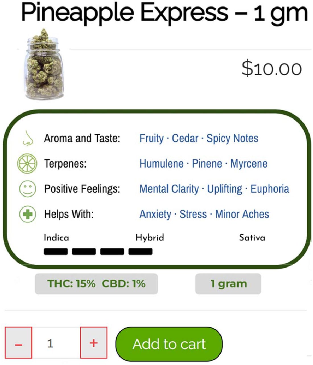 Screenshot of a POEMMS individual product page displaying product-specific information and purchase controls. Each product page included price, THC/CBD content, strain characteristics (e.g., aroma, terpenes, reported effects), indica-sativa profile, and an “add to cart” button. This content was standardized across products and designed to reflect common marketing elements used by commercial cannabis retailers.