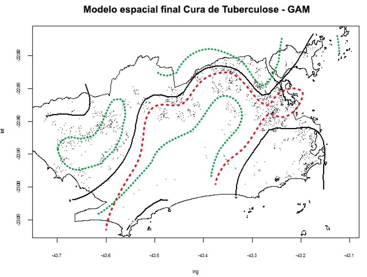 Final spatial analysis model using the generalized additive model - GAM for tuberculosis cure - smoothed spatial component adjusted for the other covariates. Rio de Janeiro, 2012 to 2014.