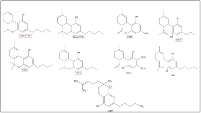 Chemical structure diagram illustrating nine major cannabinoids: Delta-9 THC, Delta-8 THC, CBD, CBDV, CBN, THCV, CBDA, CBG, and CBC, each labeled below their respective molecular structure for comparison.