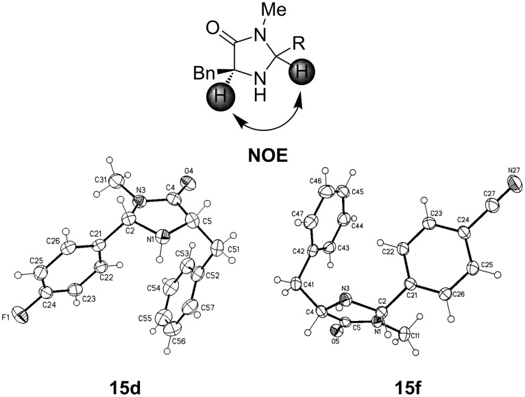 Confirmation of the relative configuration with NOESY experiments and X-ray crystal structures of two imidazolidinones 15d and 15f.