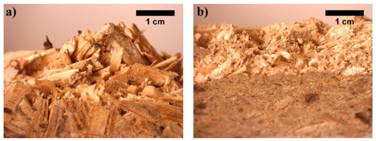 Nature of BcB fracture after bending test (macrostructure): (a) from non-shredded HS aggregate; (b) from shredded HS aggregate.