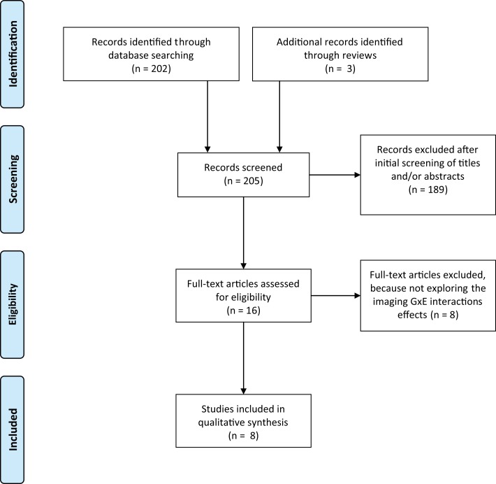 Flow diagram of article selection process. The literature search was performed from the PubMed electronic database and using the Mesh heading: (“schizophrenia” OR “Bipolar disorder”) AND (“neuroimaging” OR “imagery” OR “MRI” OR “fMRI”) AND (“interaction” OR “GxE” OR “Gene environment” OR “Environment interaction”).