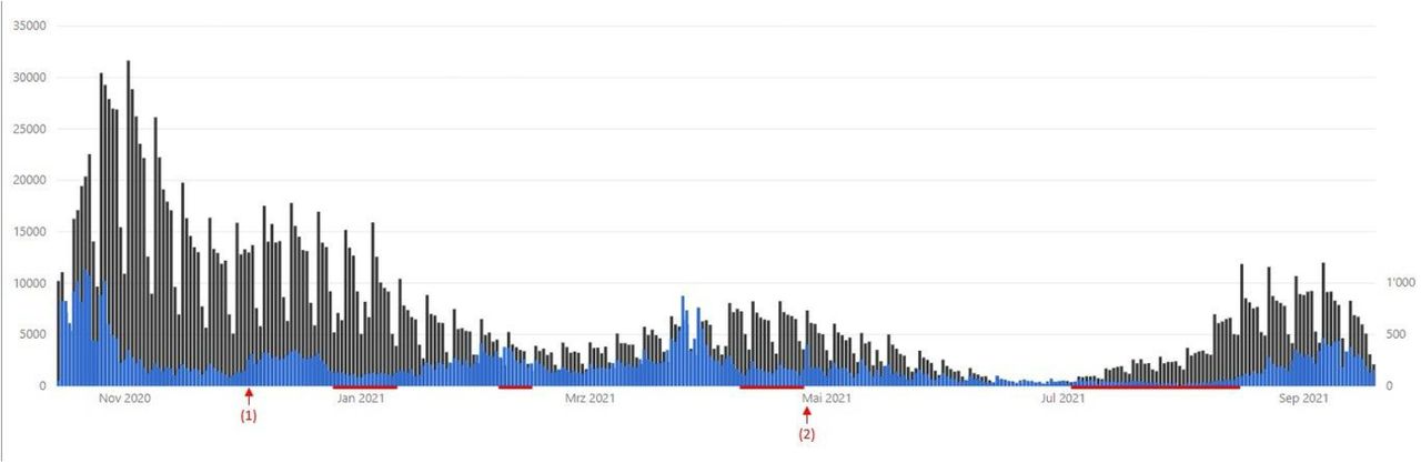 Use of the online decision tool (right scale, blue) compared to the reported cases by the FOPH (left scale, black). (1) marks the day that coronabambini.ch was integrated to the COVID-checker of the FOPH. (2) marks the day the algorithm changed. The red bars mark the school-holidays of the city of Bern.