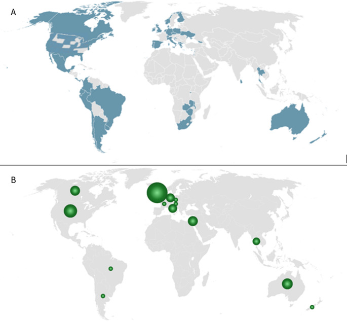 A Countries and regions where MC is legal and B Bubble plot distribution of studies assessing HRQL in MC patients globally