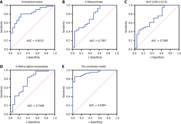 Receiver operating characteristic analysis of potential biomarkers for differentiating cirrhotic patients with or without sarcopenia. A: N-Acetylcarnosine with an area under the receiver operating characteristic curve (AUC) of 0.8153 (95%CI: 0.7094–0.9213, P < 0.0001); B: 2-Stearylcitrate with an AUC of 0.7387 (95%CI: 0.6046–0.8728, P = 0.0022); C: CerP (d18:1/12:0) with an AUC of 0.7085 (95%CI: 0.57–0.8469, P = 0.0076); D: 3-Methyl-alpha-ionylacetate with an AUC value of 0.7468 (95%CI: 0.6099–0.8838, P = 0.0016); E: The combined model of four metabolites with an AUC of 0.9384.