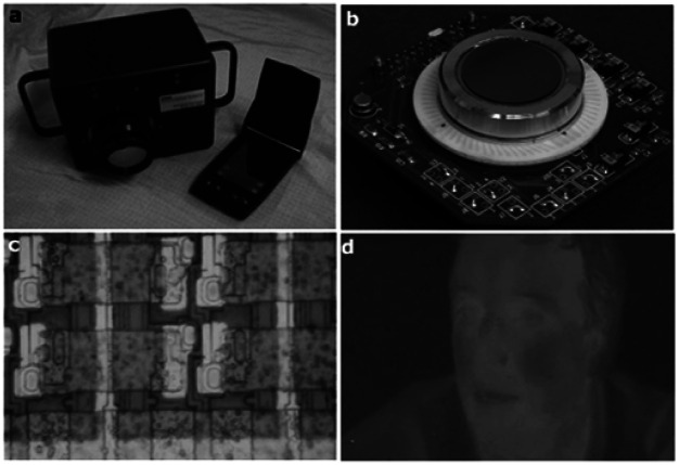 CBD-PbSe FPA camera. (a) Northrop's prototype lead salt camera, (b) PbSe FPA mounted in 2105 package, (c) micrograph of PbSe FPA (1000×) and (d) imagery using lead-salt camera.5
