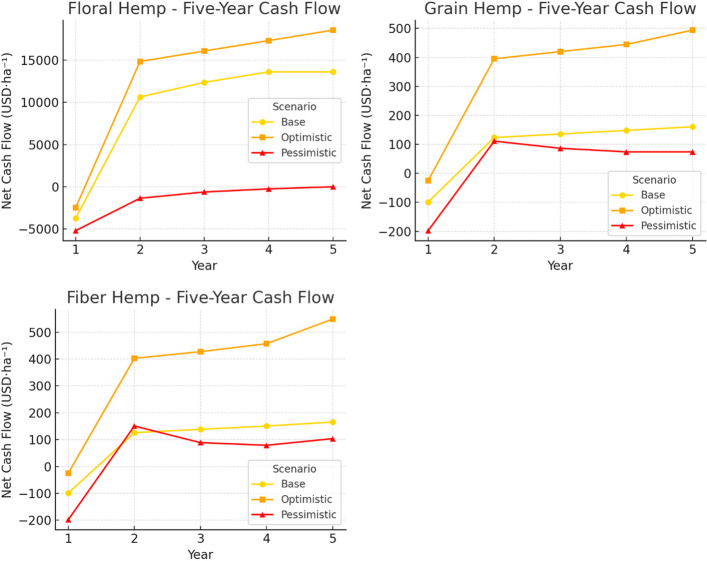 Five-year per hectare cash flow projection for floral, grain, and fiber hemp. The estimates are based on benchmark price and yield data from USDA National Agricultural Statistical Service