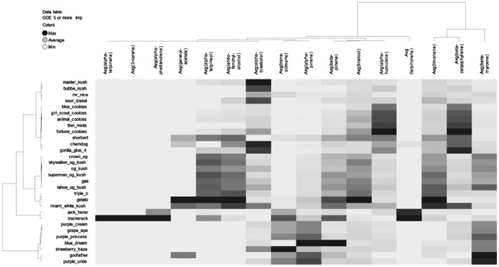 Dendrogram with heatmap generated from HCA showing average terpenoid content among the clustered cultivars. HCA, hierarchical clustering analysis.