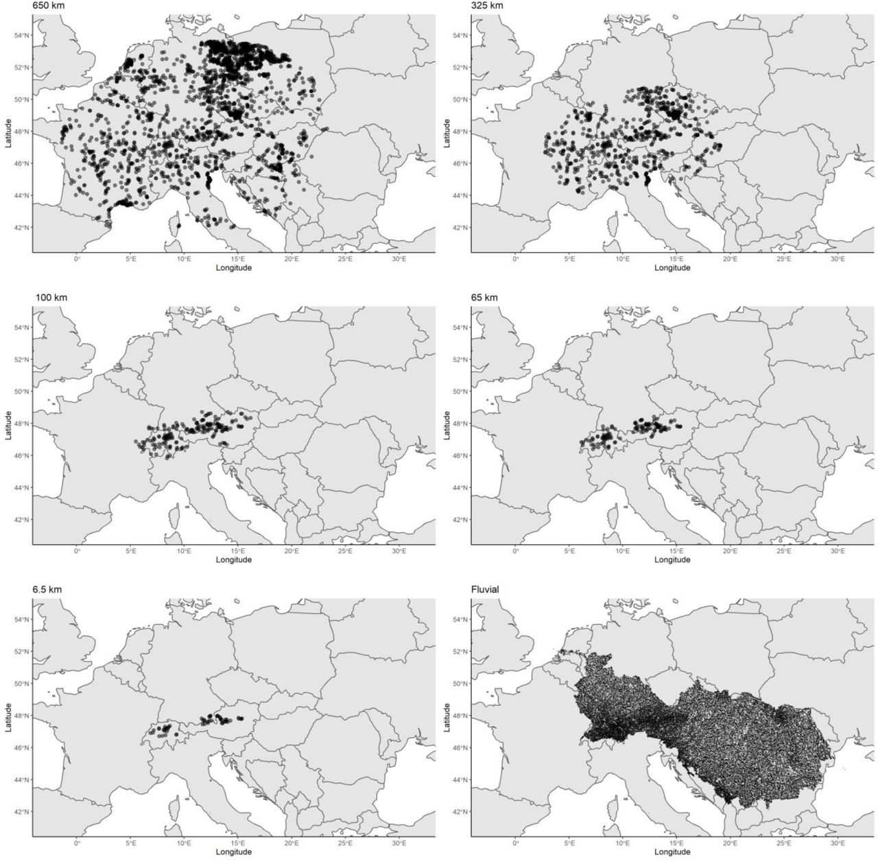 List of detected lakes for each scale considered. Lakes were subtracted from Lehner, B., and P. Do. 2004. Development and validation of a global database of lakes, reservoirs and wetlands. Journal of Hydrology 296: 1–22. doi:10.1016/j.jhydrol.2004.03.028. Fluvial network was subtracted from on Lehner, B., K. Verdin, and A. Jarvis. 2008. New global hydrography derived from spaceborne elevation data. Eos, Transactions, American Geophysical Union 89: 93–94. For the fluvial network, each point corresponds to a river reach where lakes were snapped.
