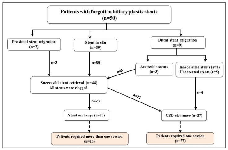 Flow chart of the forgotten-biliary-plastic-stent-related complications and management.