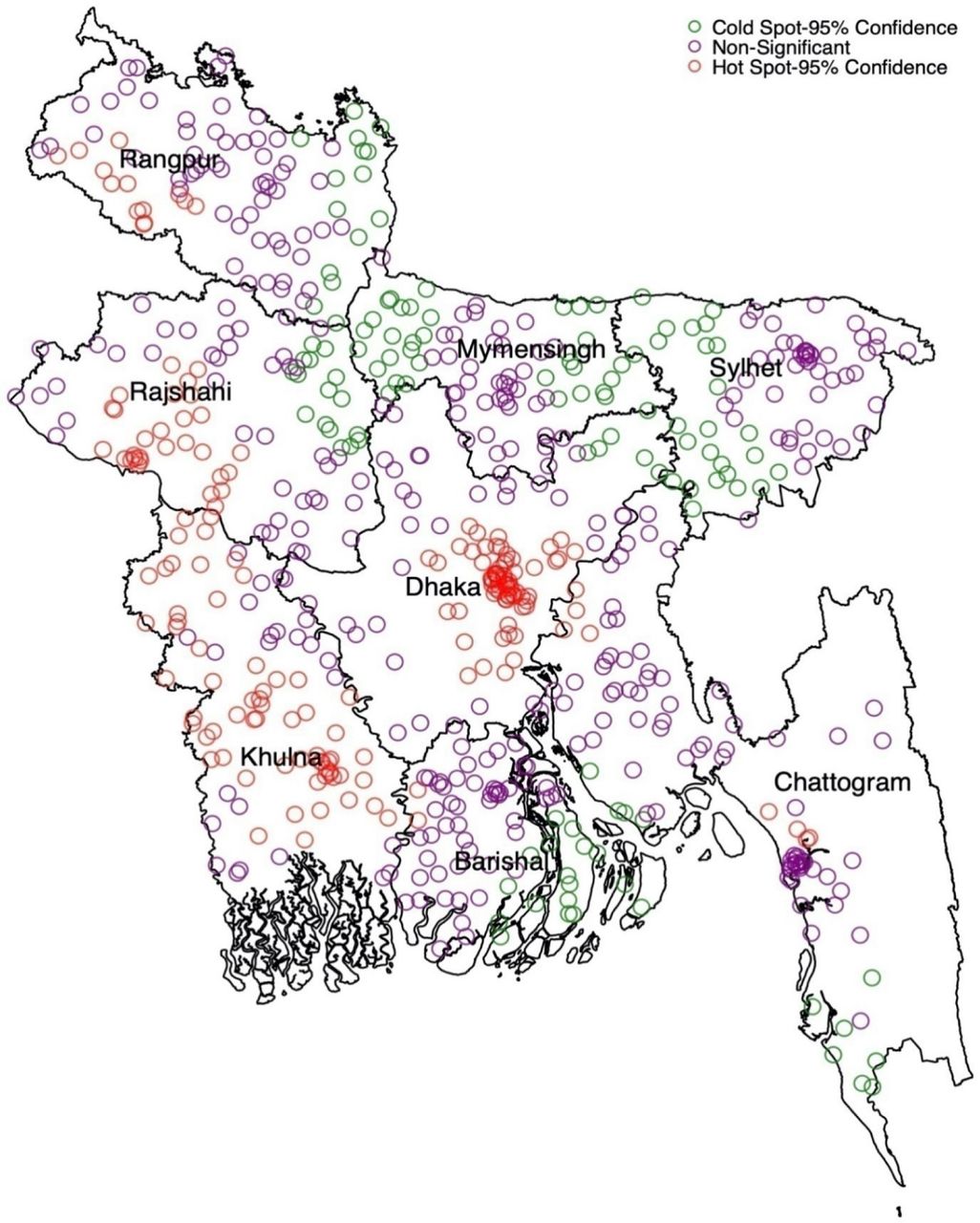 Hot spot and cold spot of non-supervised and unskilled supervised home delivery in Bangladesh