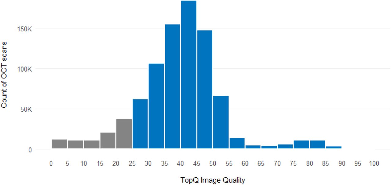 TopQ image quality distribution. A TopQ quality of 25 and above is considered to be of reliable quality for advanced analysis for the majority of scans.