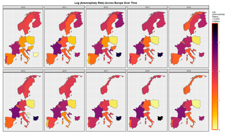 Sequential map-graphs of log (anencephalus rates) across surveyed European nations over time, 2010–2019.