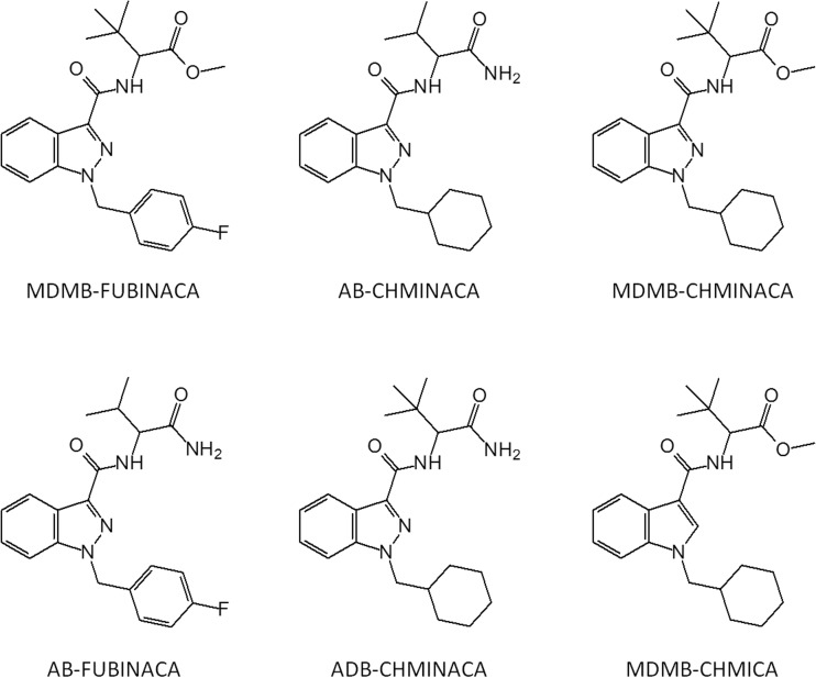 Chemical structures of synthetic cannabinoids (“spice”) recently associated with severe toxicity across the world. MDMB-FUBINACA (Russia), AB-FUBINACA (USA), AB-CHMINACA (USA), ADB-CHMINACA (USA), MDMB-CHMINACA (Pfizer patent “indazol” compound), MDMB-CHMICA (Europe; present study)