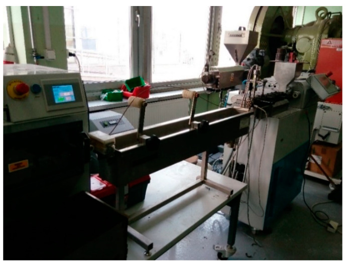 Extrusion line using ZAMAK REA-2P12A Explorer twin-screw extruder used to extrude the PHBV-hemp fiber and PHBV-flax-fiber biocomposites.
