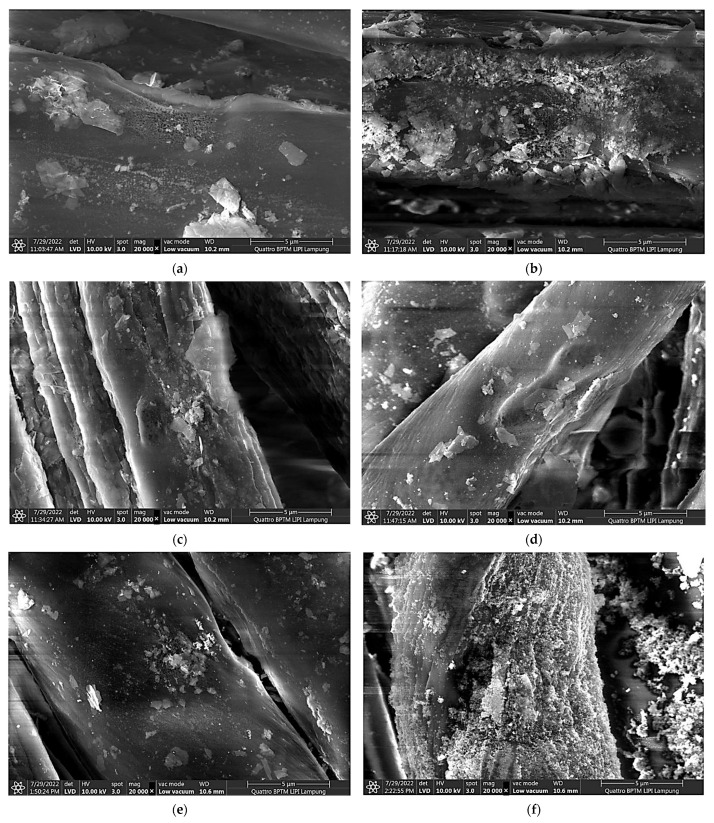 Morphology (FESEM image) of ND-colored Batik fabric surface after in situ immobilization of ZnO NPs at various pH: (a) pH 6, (b) pH 7, (c) pH 8, (d) pH 9, (e) pH 10, (f) pH 11.