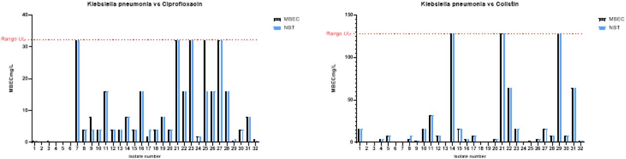 Comparison of biofilm eradication concentrations between CBD and NBT methodology Klebsiella pneumoniae