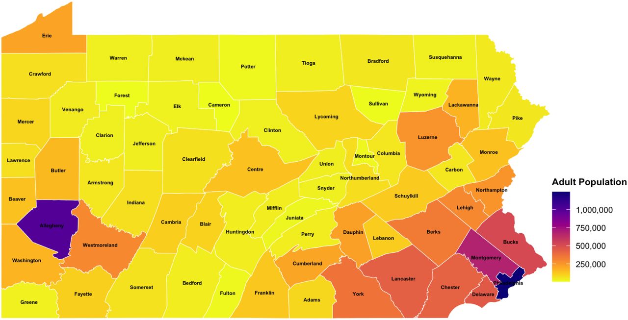 Heat map of the adult population in the counties in Pennsylvania. Over half (55.5%) of adults in Pennsylvania in 2024 resided in ten counties (Philadelphia, Allegheny, Montgomery, Bucks, Delaware, Lancaster, Chester, York, Berks, Lehigh).