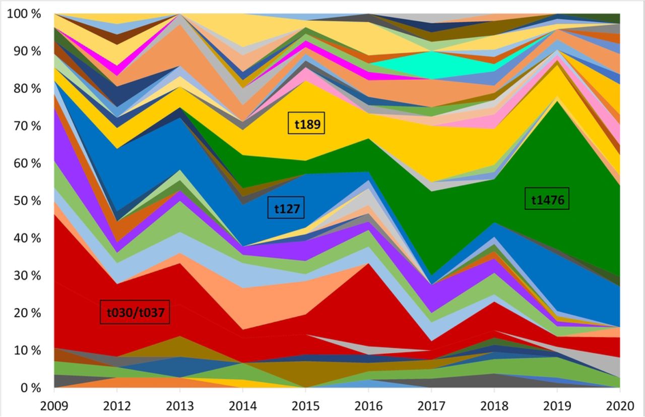 Yearly relative distribution of MDR-MRSA spa-types (>5 per year) in the period 2009-2020.The years 2010 and 2011 are excluded due to missing data. Major spa-types are highlighted.