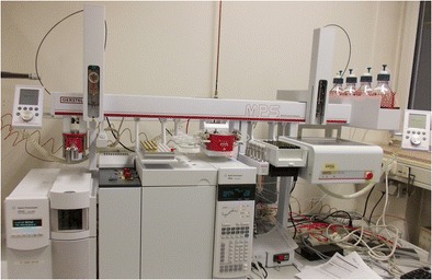 GC/MS with MPS Dual Head at the Institute of Legal Medicine, Giessen, Germany. Modules from left to right: quickMix (for LLE), wash station, tray 1 (vials for extracts), solvent reservoir, mVAP (for extract evaporation), Solvent Filling Station (solvent supply), cooled tray 2 (vials for serum samples), and centrifuge (for phase separation)