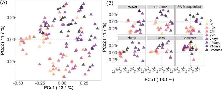 Beta diversity of pathobiome communities according to the incubation time. PCoA plot showing the Bray–Curtis dissimilarities between incubation times (A) and between incubation times according to the substrates (B).