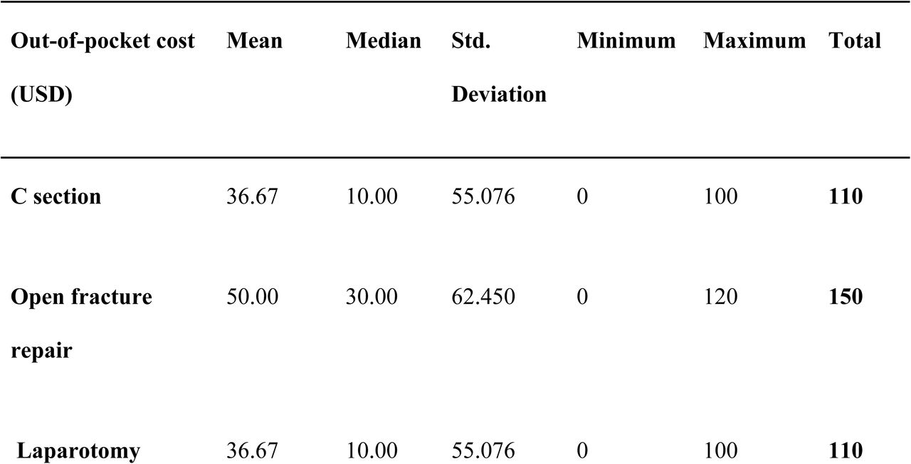 Patients’ out-of-pocket costs for medical and non-medical costs associated with surgery at assessed facilities in CES, South Sudan, May 2024.