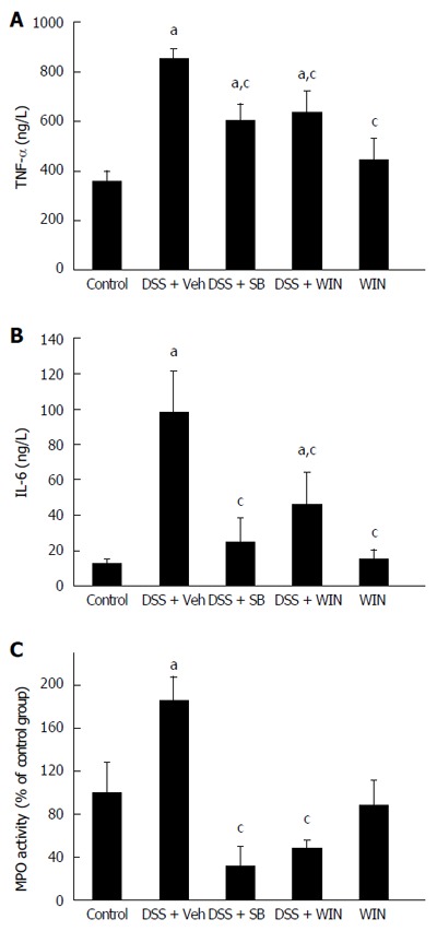 Levels of inflammatory mediators in plasma and myeloperoxidase activity in colon tissues (A-C). Plasma samples and colon tissues were collected and examined as described in the Materials and Methods. Data are presented as mean ± SEM (n = 8). aP < 0.05 vs control; cP < 0.05 vs dextran sulfate sodium (DSS) + vehicle (Veh). SB: SB203580; WIN: WIN55.