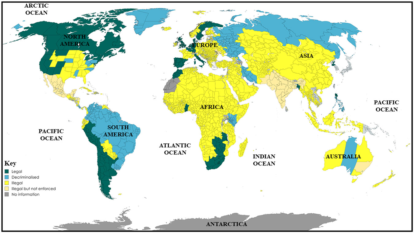 An illustration of the legal status of Cannabis and Cannabis-based pharmaceutical products varies globally.