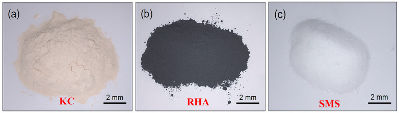 Raw materials used in experiments. (a) KC; (b) RHA; (c) SMS.