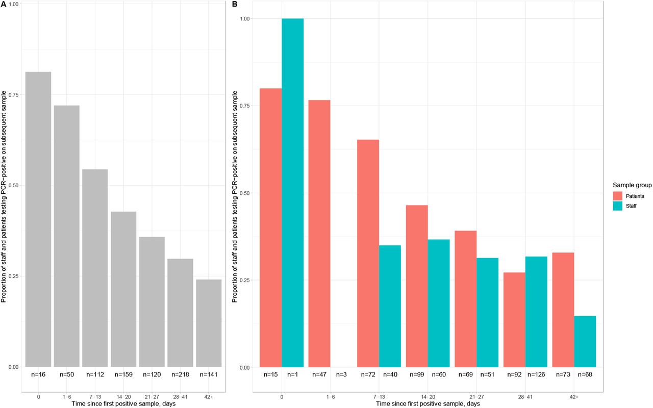 Proportion of staff and patients remaining PCR-positive on repeat nasopharyngeal swabs.Panel A shows pooled data and Panel B data separately for staff and patients. The number of individuals with a repeat test in each time interval is shown below each bar and 95% exact binomial confidence intervals are plotted. All tests following a first positive sample are included up until the first negative sample per patient. The number of tests positive after a repeat swab on the same day is indicative of the sensitivity of a single swab, 15/16 of these swabs were obtained from patients on wards by any available staff member, whereas staff sampling was undertaken by specially trained teams.