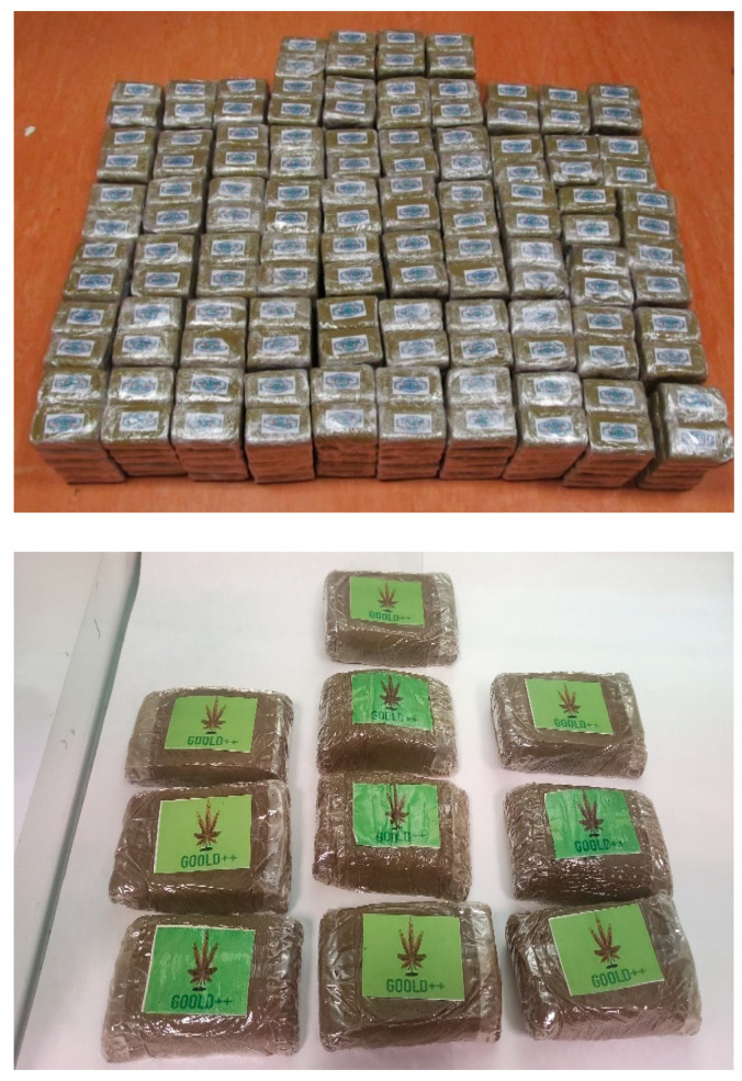 Hashish blocks wrapped in transparent film and labeled with catchy names and pictures.