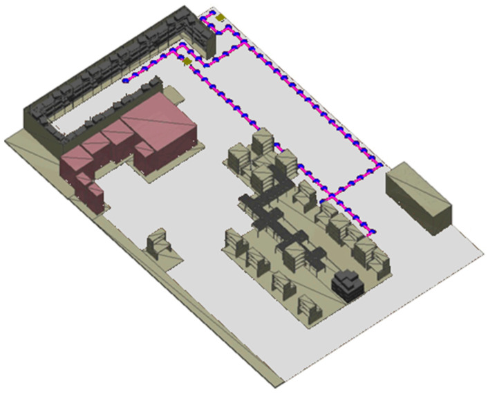 Visualisation of the 3D simulation environment of the learning factory developed in Matlab. The blue dots and purple lines denote the planned coordinate trajectory of the AMR, and the yellow dots denote the coordinates of interest for this trial.