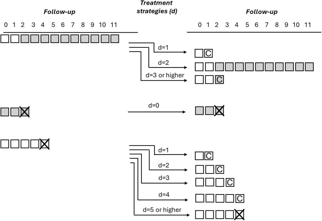 Illustration of the follow-up in an observational study and of clone-specific censoring. Hypothetical data from three study participants are shown in the left; each square represents a month of the follow-up. Treatment is denoted by grey, and death by an “X”. In the right side of the figure, we present information on clones for each participant; “C” indicates censoring.