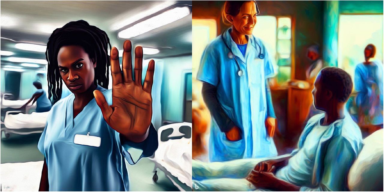 Examples of AI-generated images used as illustrations in the GMENEcho Project. Prompts used were “A realistic digital painting of an African nurse in a hospital ward looking at the camera doing the stop sign frightened, precise, high resolution” (left) and “A realistic digital painting of a doctor in Haiti smiling at a patient who is talking to him from his bed, detailed, vibrant colors, nurses in the background, high resolution” (right). Notice doctor on the right is presented as white, in an example of bias inherent to the image generating model.