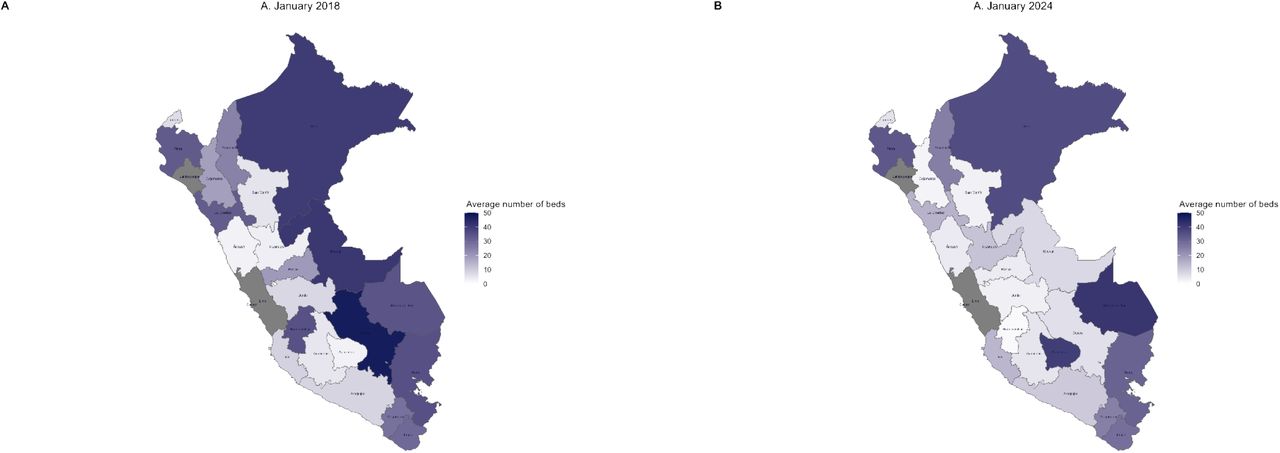 The average number of beds between January 2018 and January 2024, by department.Note: The departments shaded in gray correspond to those with more than 50 physicians on average.