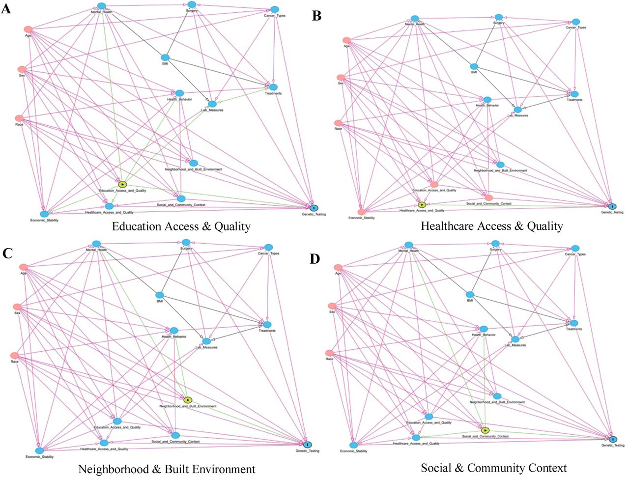 DAGs representing assumed causal relationships for each SDoH exposure category.