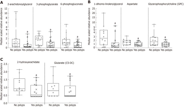 Comparison of colon tissue metabolites between adults with and without polyps. A: Colon metabolite abundance differences from both ascending and descending colon; B: Metabolite abundance in ascending colon; C: Metabolite abundance in descending colon. Statistical significance was examined using linear regression analysis (aP < 0.05).