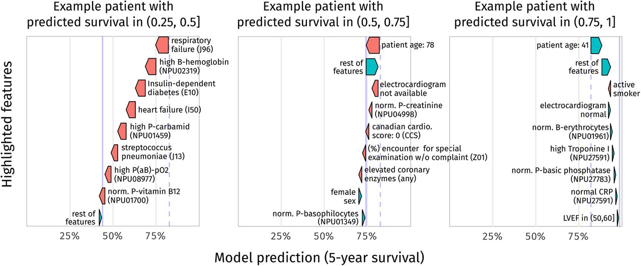 Patient-level model explanations with SHAP.Model predictions for three different representative patients with a predicted 5-year survival of 42%, 73%, and 98% with SHAP-explanations showing the estimated impact on model prediction. The patient data have been slightly adjusted to make them non-identifiable. Blue represents features that contribute positively to the prediction. Red represents features that contribute negatively to the prediction. SHAP: SHapley Additive exPlanations.