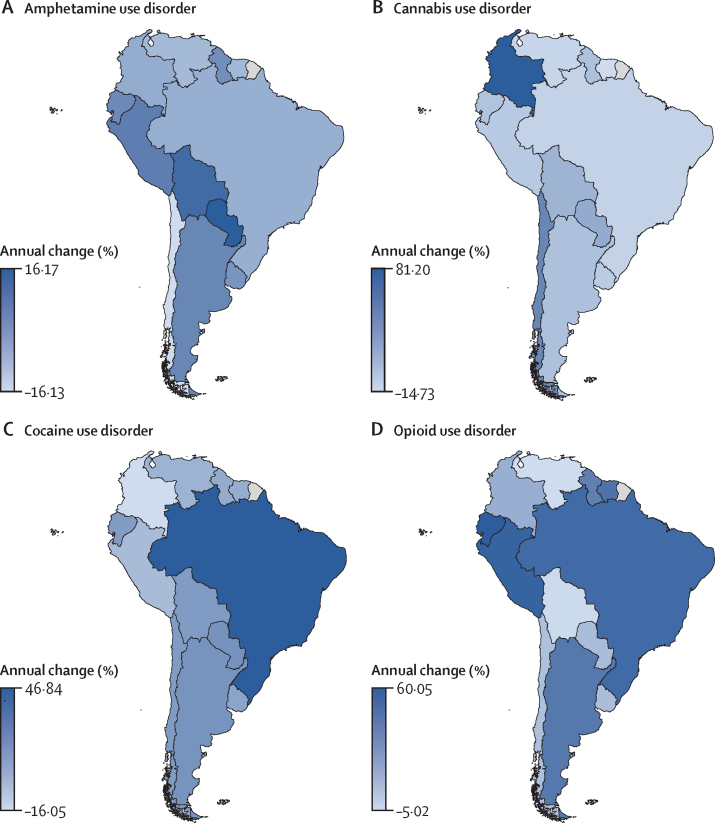 Annual percentage change in substance use disorders per 100 000 population by location, 1990–2019Data are for all sexes and ages for amphetamine use disorder (A), cannabis use disorder (B), cocaine use disorder (C), and opioid use disorder (D).